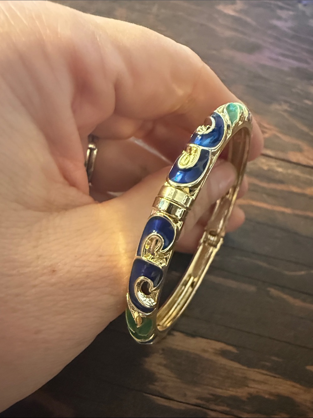 Gold Plated Blue and Green Enamel Hinged Bangle Bracelet